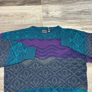 Vintage 90s Nuovo Abstract‎ Purple Teal Mens M Colorblock Retro Grandpa Sweater